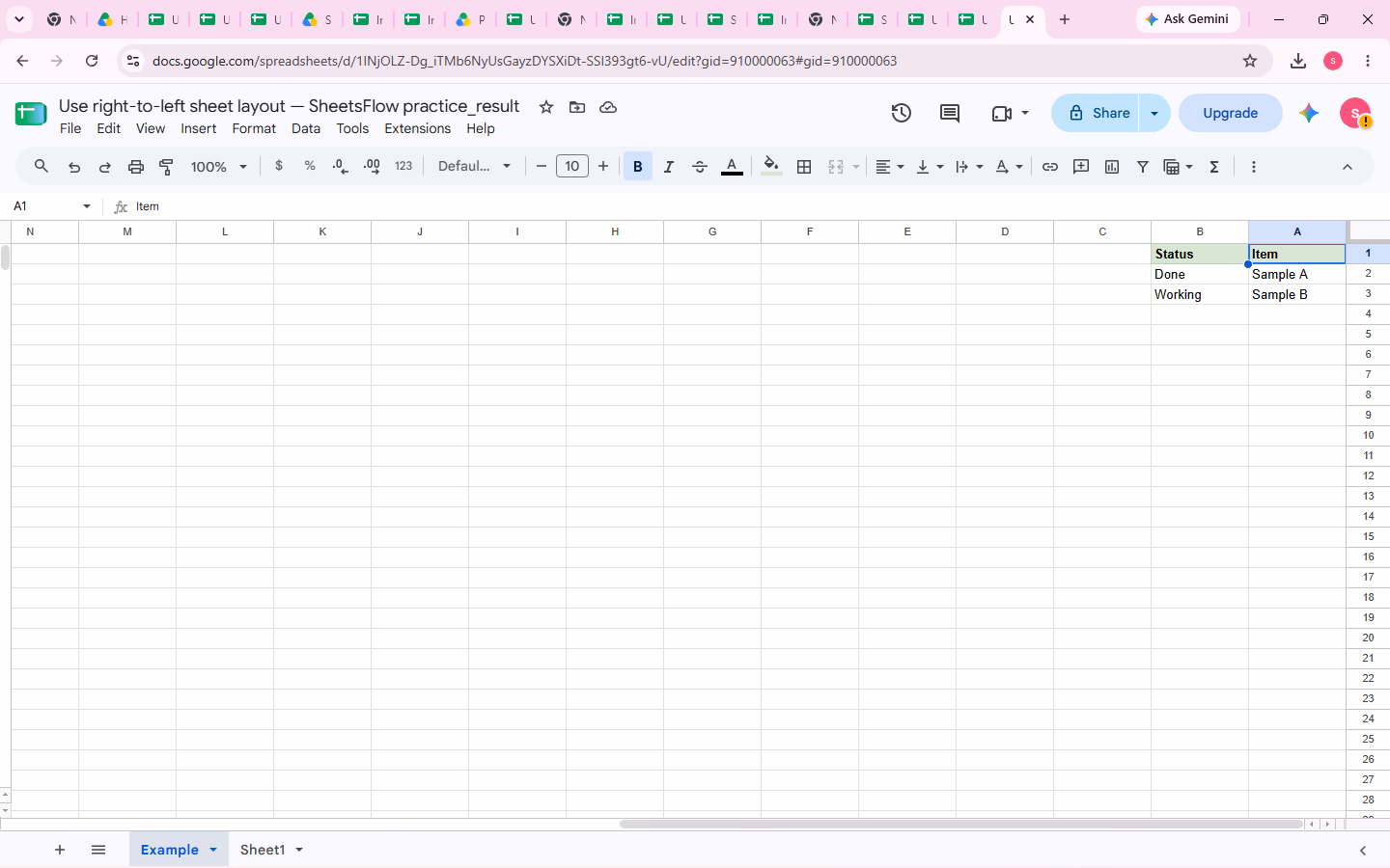 Google Sheets after switching the current sheet to right-to-left, with column A displayed on the right while the sample values remain unchanged.