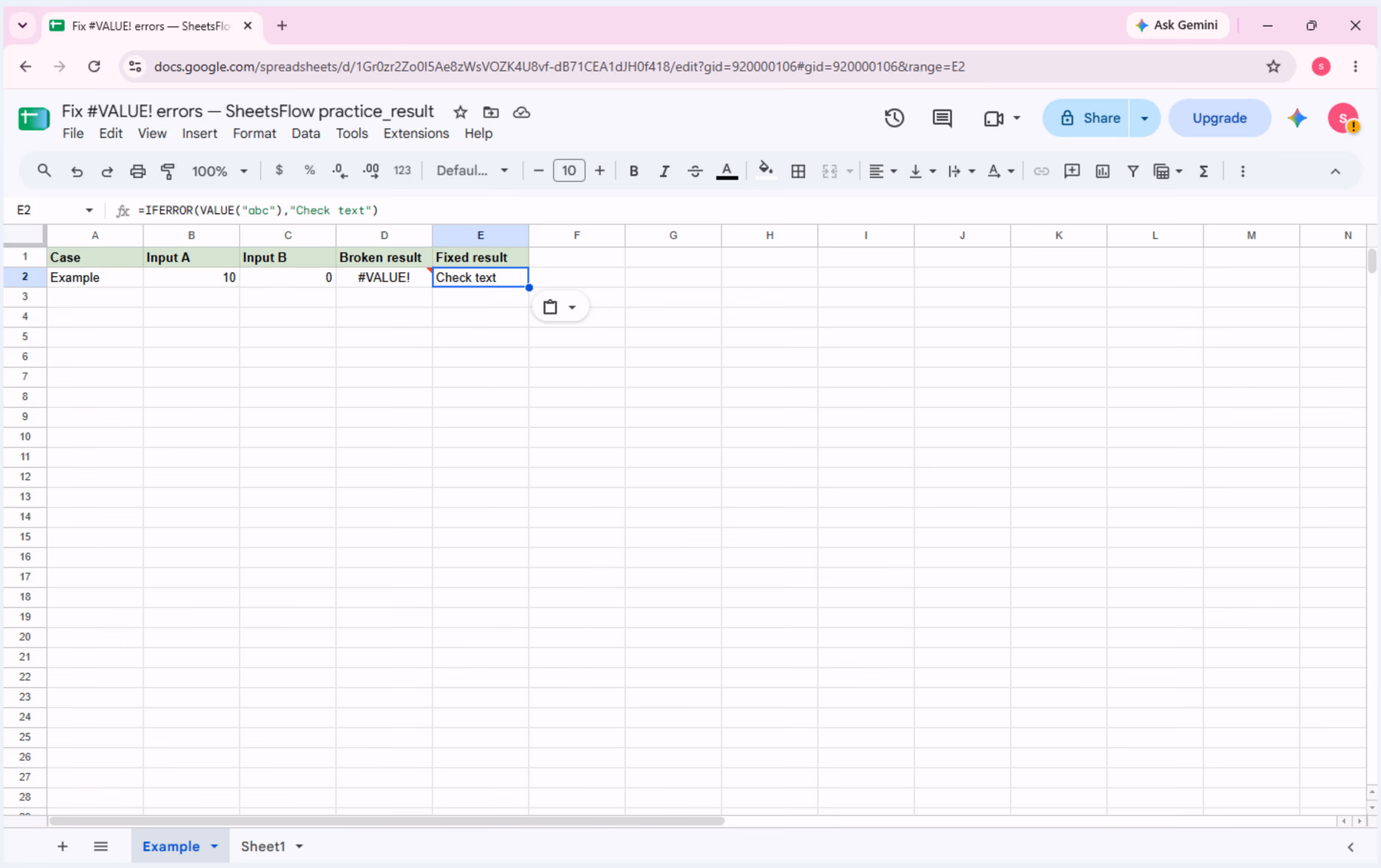 Cell E2 is selected with the IFERROR formula in the formula bar and Check text in the sheet.