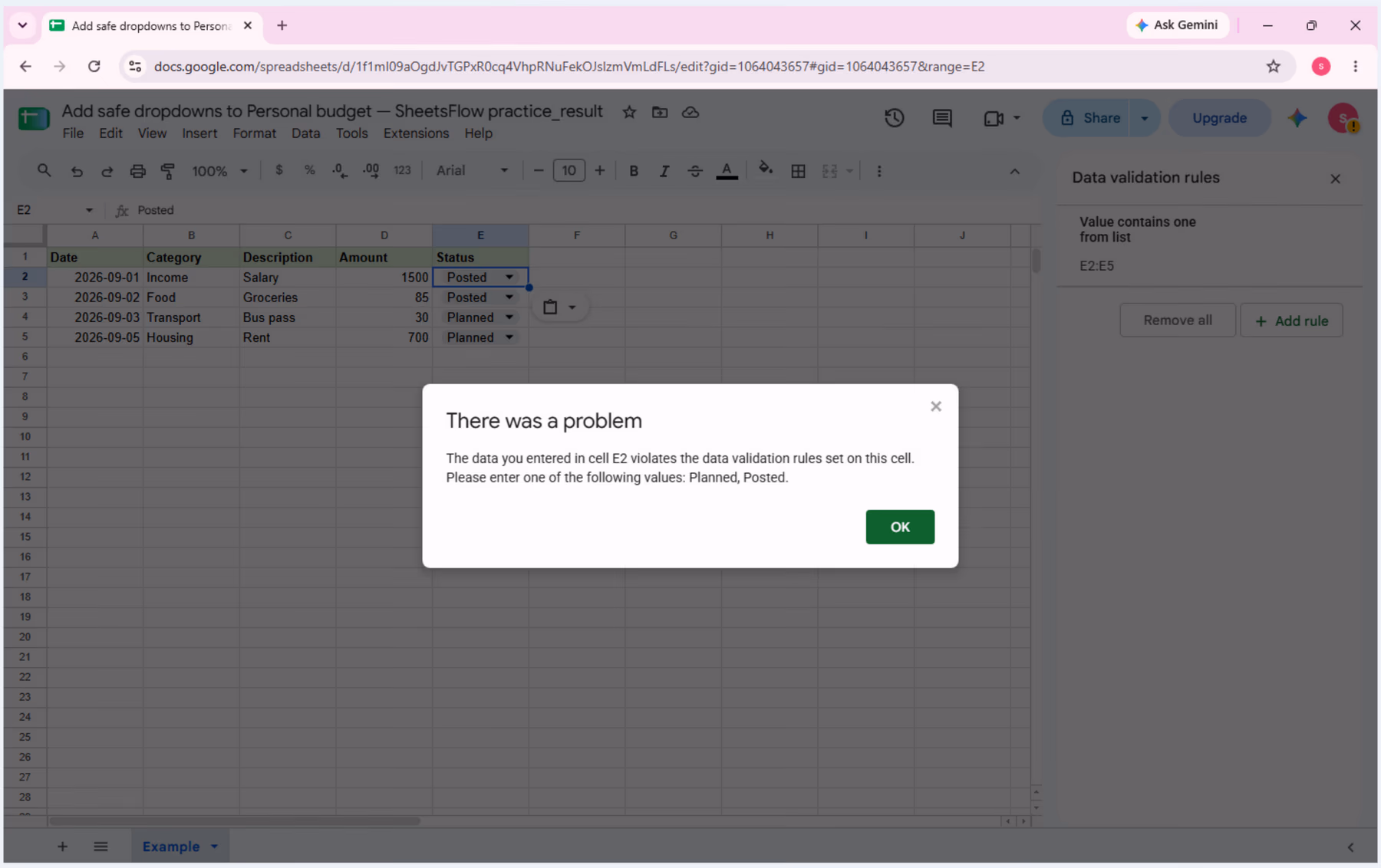 Google Sheets rejects Invalid in E2 and states that the allowed values are Planned and Posted.
