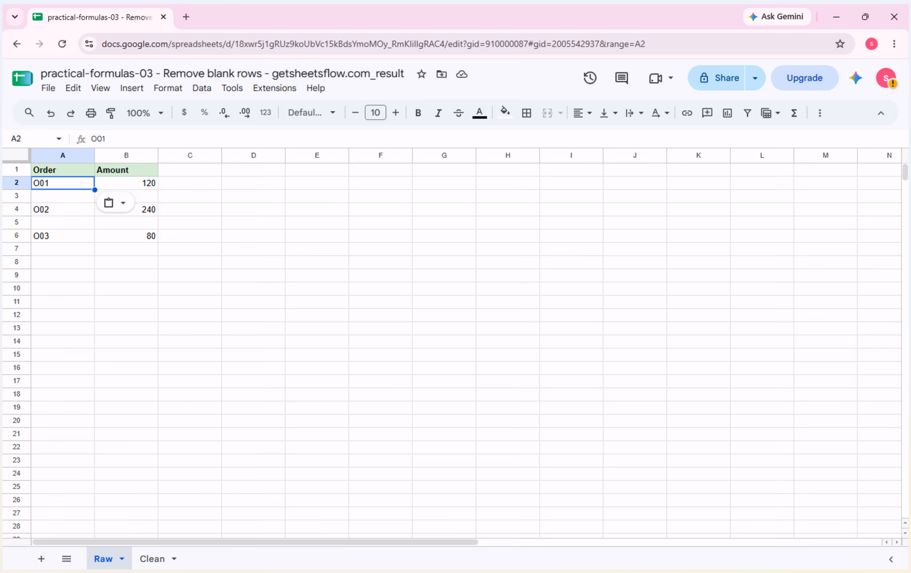 The _result workbook in Google Sheets with Clean!A2 selected; the formula bar shows FILTER and the spilled result contains O01, O02, and O03.