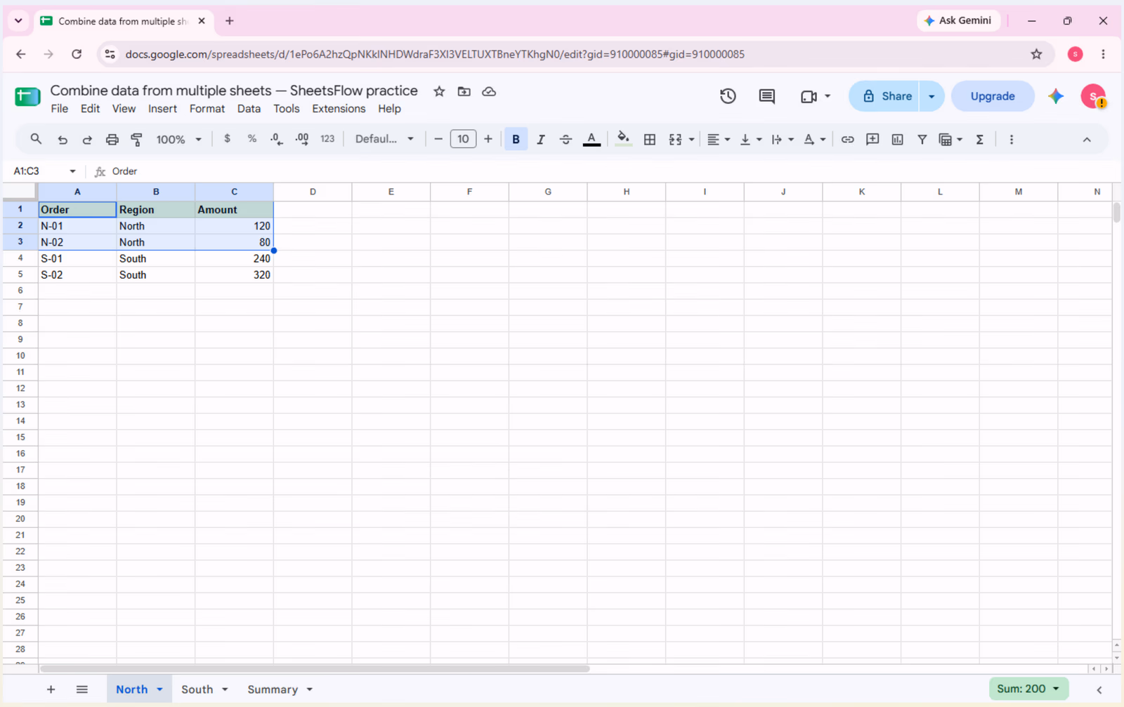 The North tab in Google Sheets shows Order, Region, Amount with rows N-01 and N-02 before consolidation.
