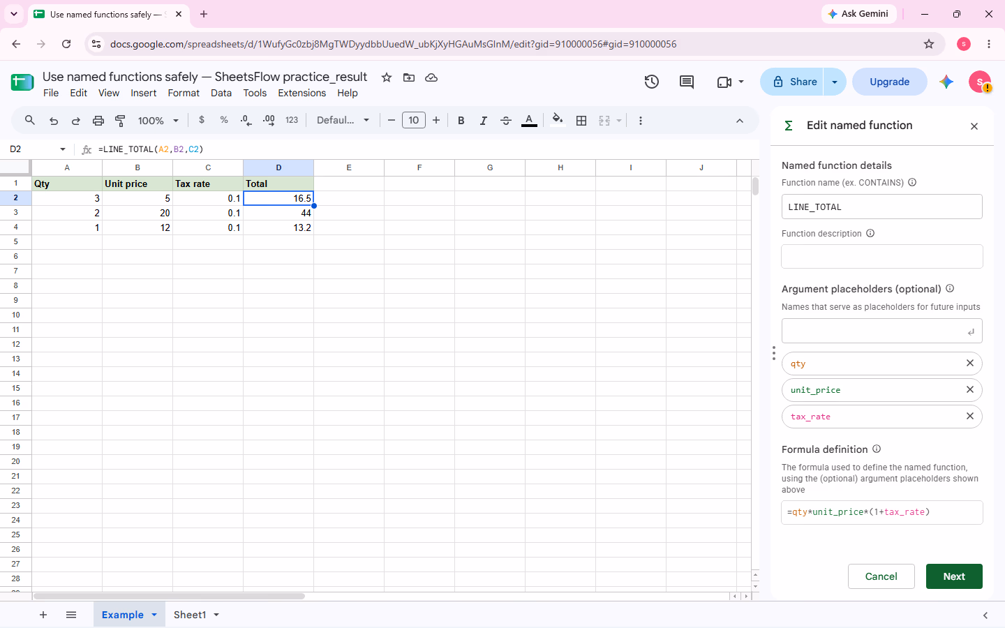 Google Sheets Edit named function sidebar showing LINE_TOTAL, qty, unit_price, tax_rate, and the formula definition while the verified result table remains visible.