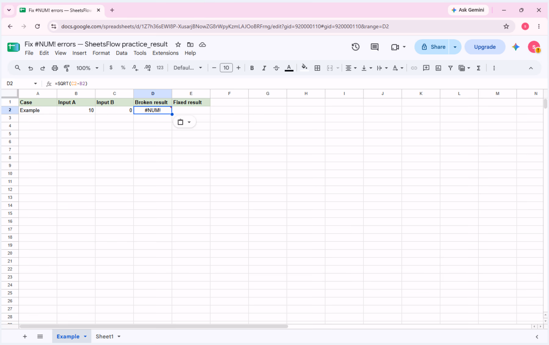 Google Sheets with D2 selected, =SQRT(C2-B2) visible in the formula bar, #NUM! displayed in D2, and the source inputs still visible.