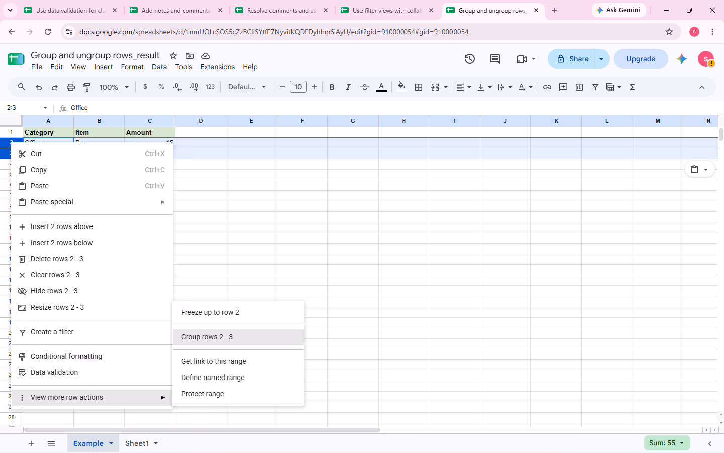 Verified group/ungroup rows evidence for step 1