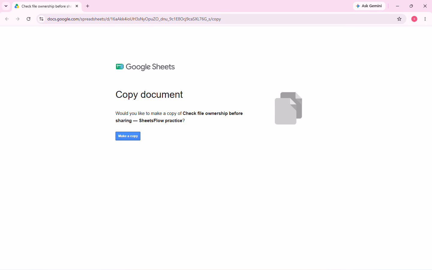 The practice /copy link opens the Google Sheets Make a copy screen.