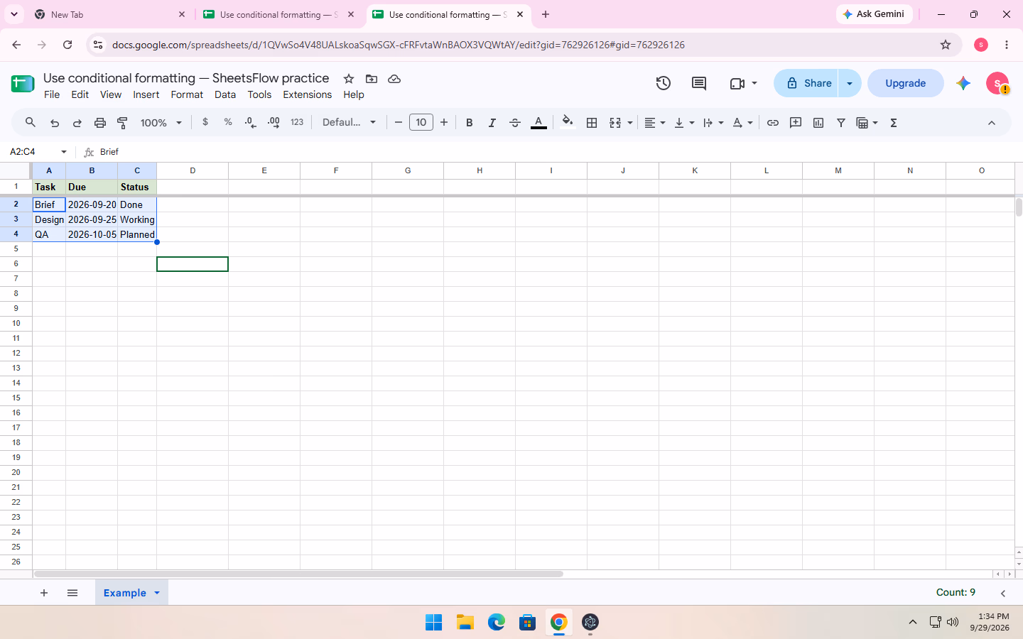 Google Sheets with A2:C4 selected so the conditional-formatting rule can apply to each whole task row.