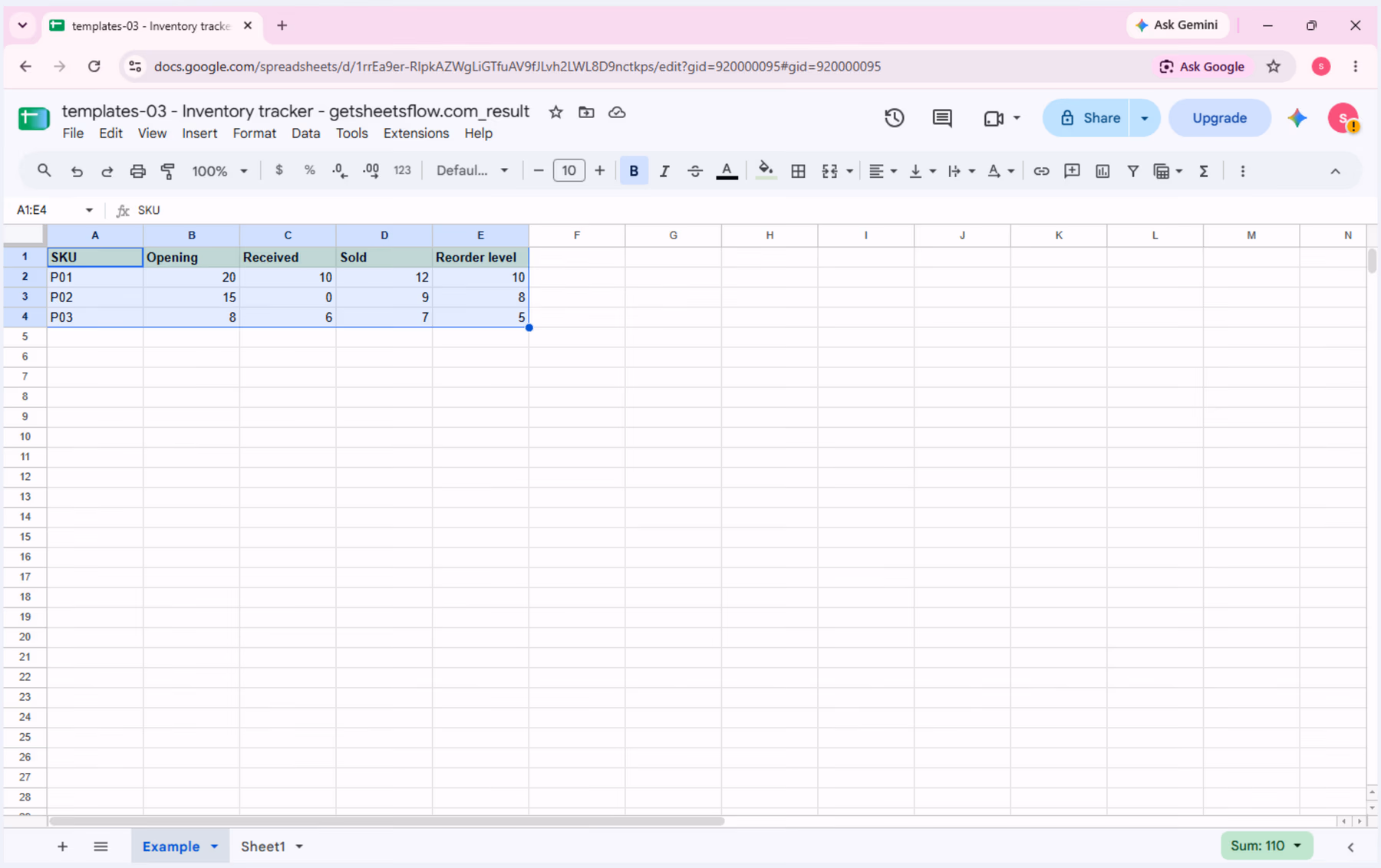 The Example sheet shows the three-SKU source table in A1:E4 before formulas are added.
