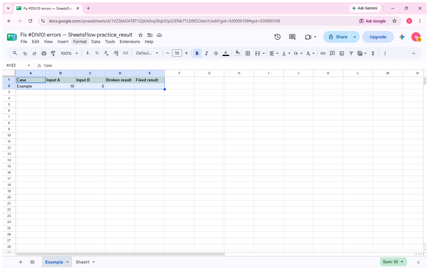 Google Sheets practice workbook showing the complete source table before the division formulas are entered.