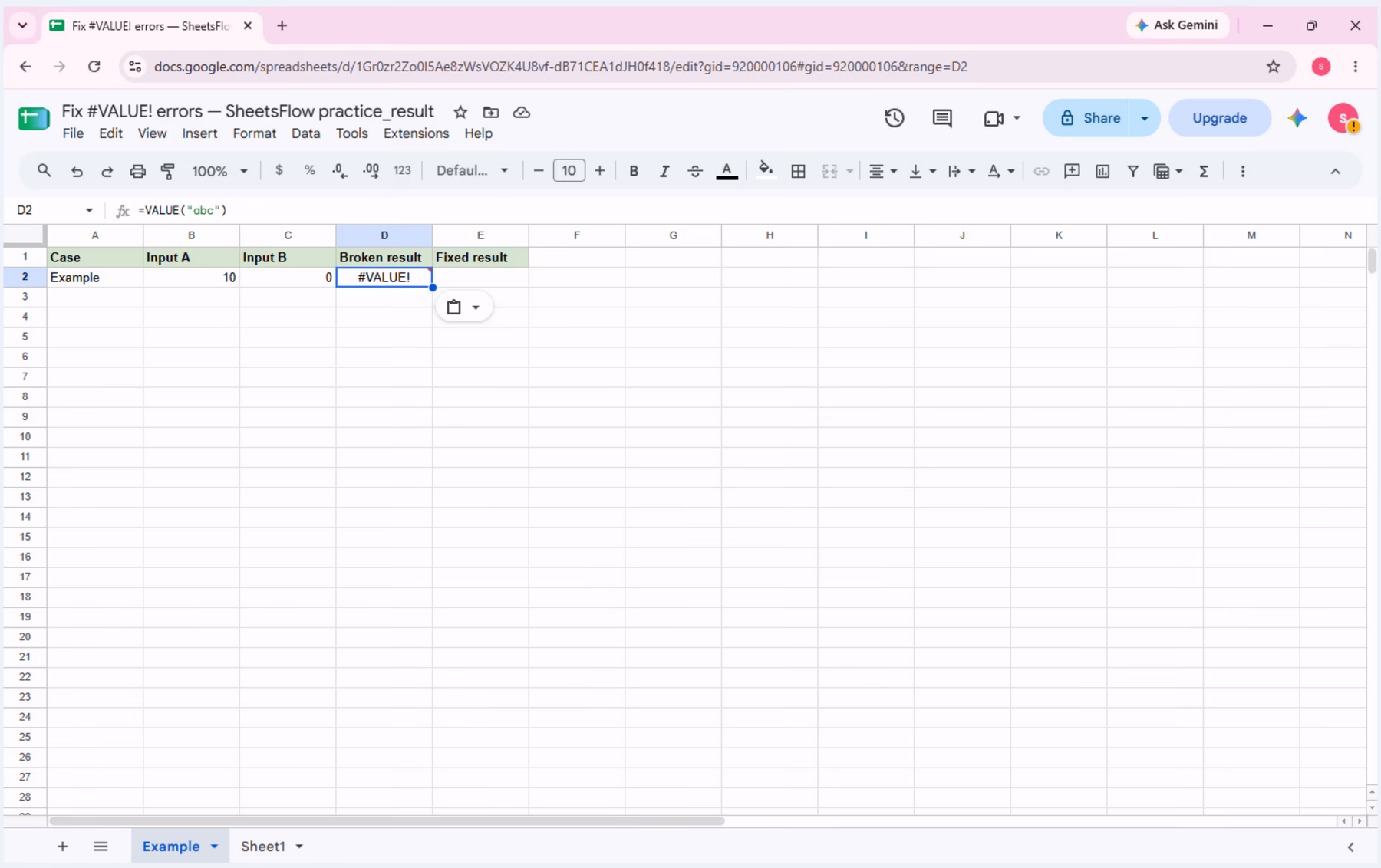 Cell D2 is selected with =VALUE("abc") in the formula bar and #VALUE! in the sheet.