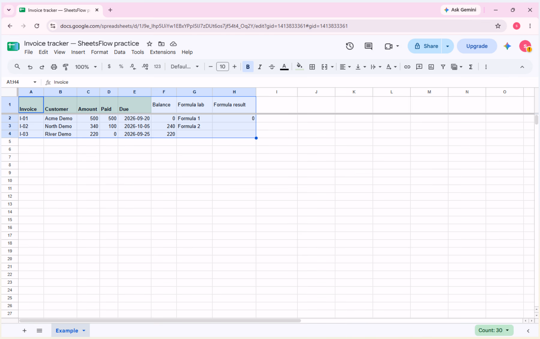 The Invoice tracker source workbook in Google Sheets with the Example tab and all sample invoice data visible.