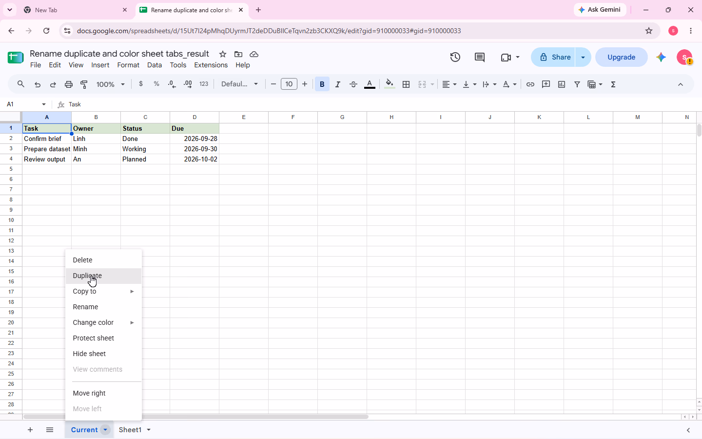 The Current tab menu is open with the pointer directly on Duplicate.