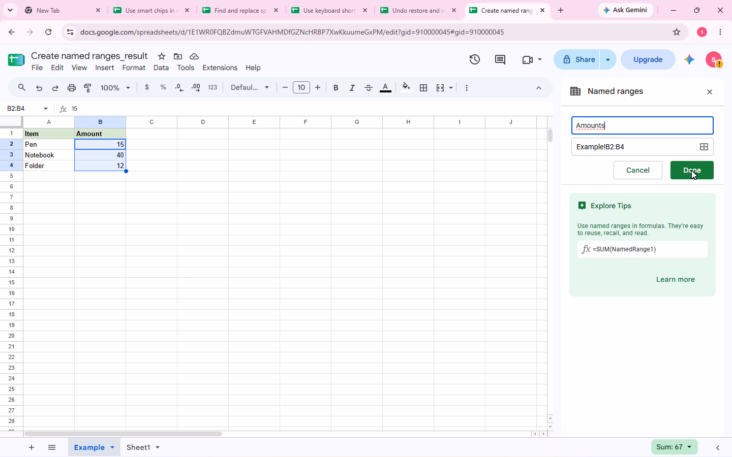 Named range editor showing Amounts and Example!B2:B4 with Done ready to confirm.