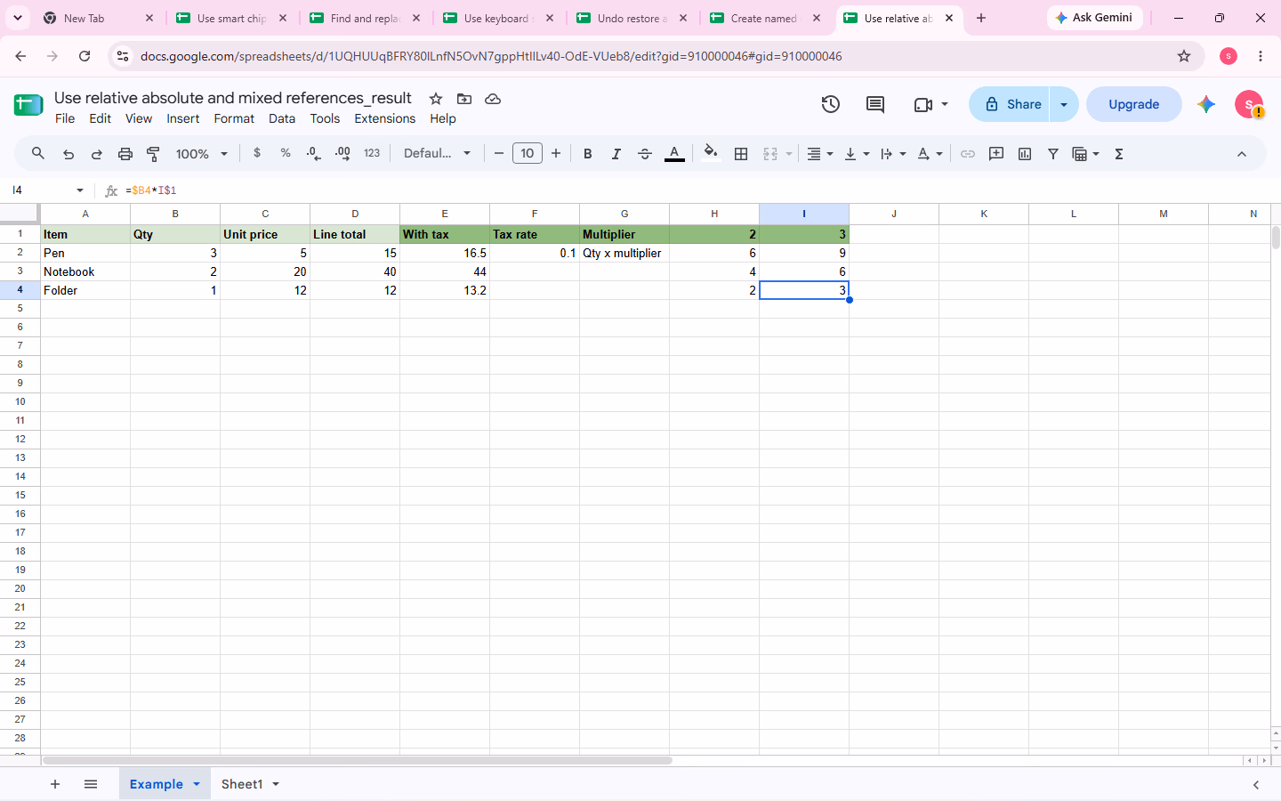 Cell I4 selected; the formula bar shows =$B4*I$1 to prove the copied mixed-reference behavior.