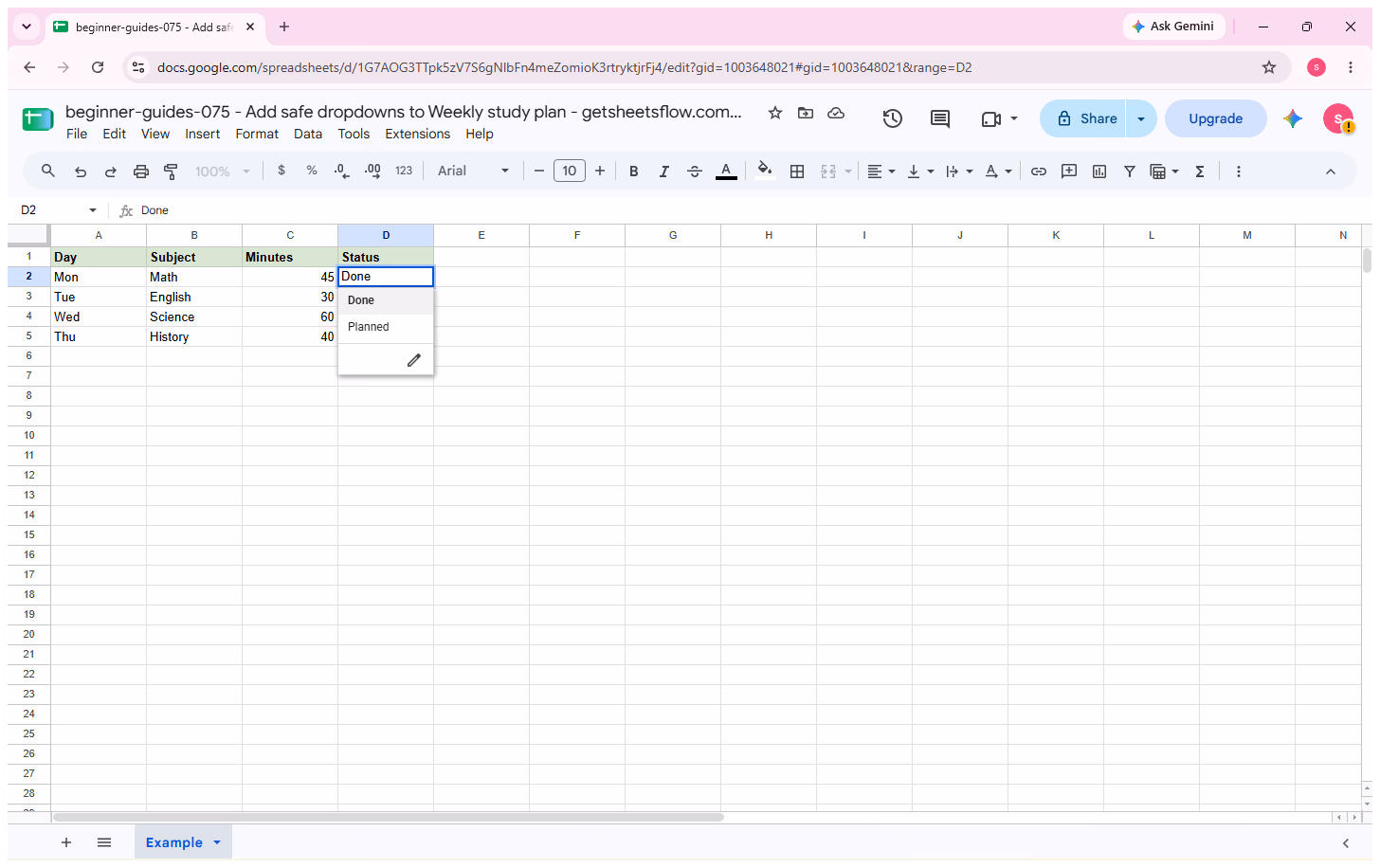 A Status cell selected in the audited result workbook after the Done/Planned dropdown rule was verified.